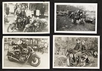 (BIKERS) An album with approximately 115 photographs featuring a group of motorcycle enthusiasts on road trips, including a few women.